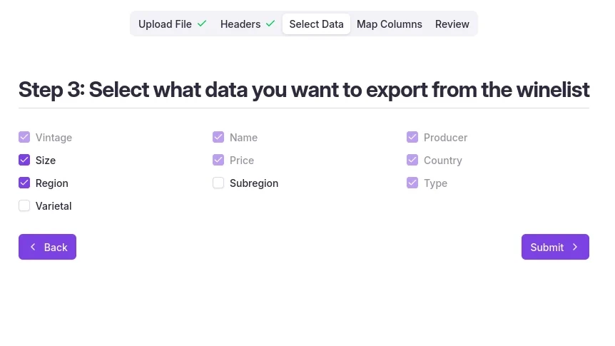 Select data for extraction.